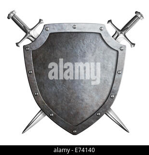 aged metal shield with crossed swords isolated on white Stock Photo