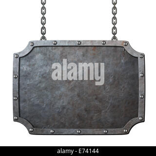 medieval metal sign or frame with chains isolated on white Stock Photo