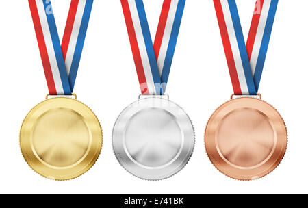 gold, silver, bronze realistic sport medals with tricolor ribbon set isolated on white Stock Photo