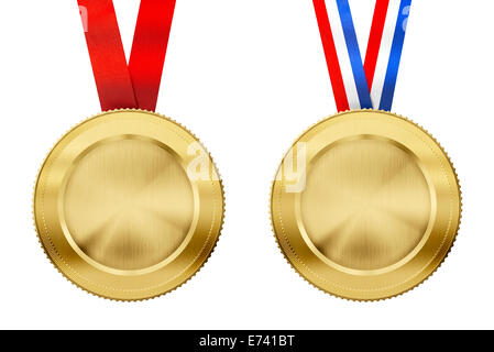 gold medals set with different ribbons isolated on white Stock Photo