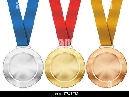 gold, silver, bronze medals with ribbon isolated on white Stock Photo