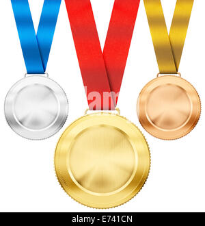 gold, silver, bronze realistic sport medals with ribbon set isolated on white Stock Photo