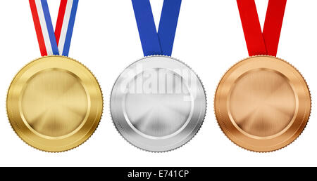 gold, silver, bronze medal set with different ribbons isolated on white Stock Photo