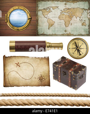 nautical objects set isolated: ship window or porthole, old treasure map, spyglass, brass compass, pirates chest and ropes Stock Photo