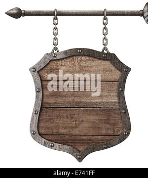 medieval wood sign or shield hanging on chains isolated on white Stock Photo