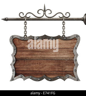 medieval wooden sign board hanging on chains isolated on white Stock Photo