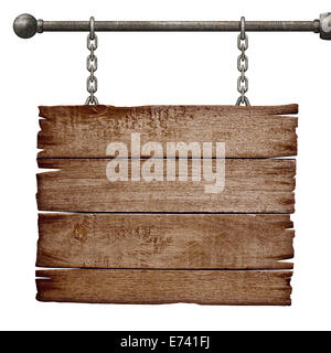 medieval signboard hanging on chain isolated on white Stock Photo