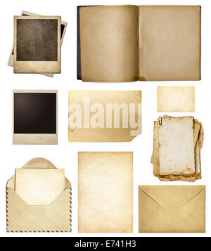 Old mail, paper, book, polaroid frames, stamp isolated collection Stock Photo