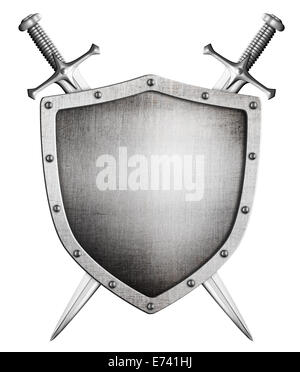 metal medieval shield and crossed swords behind it isolated on white Stock Photo