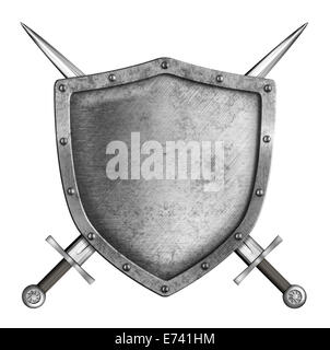 medieval metal knight shield with crossed swords isolated on white Stock Photo