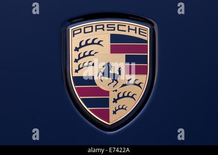 Stuttgart, Germany - September 4, 2012: Macro shot of the legendary Porsche emblem on a Porsche 911. Porsche is a German company Stock Photo