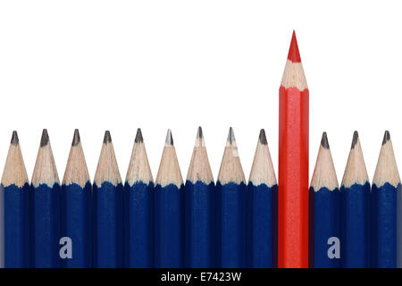 Blue pencils and one red crayon standing out from the crowd. Isolated on white. Stock Photo