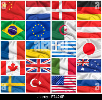 Flags set: USA, Great Britain, Italy, France, Brazil, Germany, Russia, Japan, Canada, Ukraine, Netherlands, Australia, Sweden, G Stock Photo