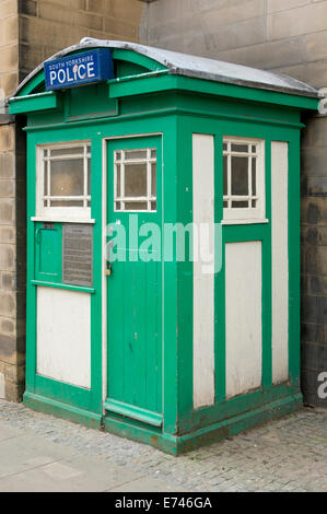 Police phone box, 40 years old and sole survivor of 120 such boxes, Surrey Street, Sheffield, Yorkshire, England, UK Stock Photo