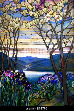 Stained glass: Magnolias and Irises - by Louis Comfort Tiffany, 1908 Stock Photo