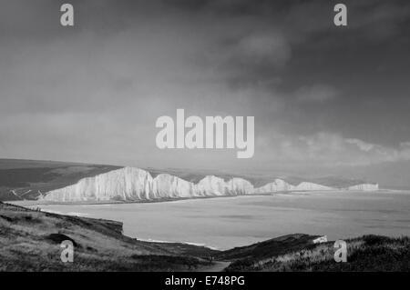 A black and white view of the iconic Seven Sisters cliffs, Sussex Stock Photo