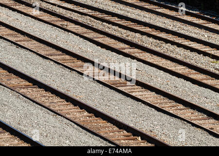 Rows and rows of empty railroad train tracks in a railroad switching yard running in parallel to each other in West Virginia. Stock Photo