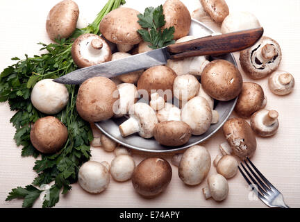 Button or Champignon and Portabello mushrooms in old metal plate with knife, fork and parsley. On a white tablecloth. Stock Photo