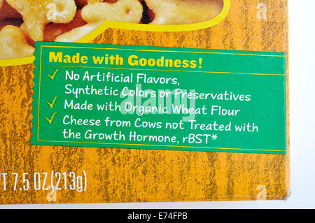 Label on food package: no artificial flavors, colors or preservatives Stock Photo