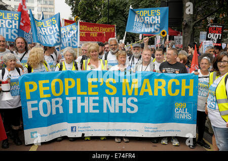 London, UK. 6th September, 2014.  March for the NHS. Marchers from Jarrow arrive in London for a rally in Trafalgar Square against privatisation of the National Health Service Stock Photo