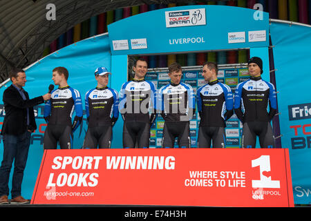 Liverpool, Merseyside, UK 6th September, 2014. Scott Twaites, Paul Voss, Daniel Schorn, Sam Bennet Jan Barta & Leopold Team NetApp-Endura: Germany Leopold Konig, who finished a creditable seventh in this year's Tour de France, is a big general classification contender a the Friends Life Tour of Britain. Team Presentations and introductions on stage at Chavasse Park on Saturday evening as riders prepare for the race proper on Sunday next. The Tour of Britain is the UK's biggest professional cycle race and the country's largest free-to-spectate sporting event. Credit:  Mar Photographics/Alamy Li Stock Photo