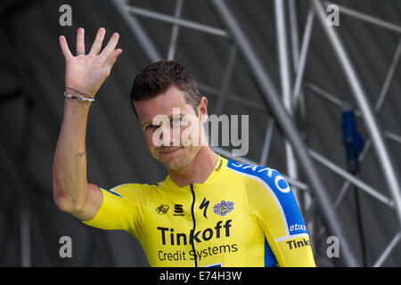 Liverpool, Merseyside, UK 6th September, 2014. Nikolay Trusov, Rasmus Guldhammer, Chris Jenson Juul, Rory Sutherland, Manuel Boara, Nicolas Roche teamTinkoff-Saxo at the Tour of Britain is the UK's biggest professional cycle race and the country's largest free-to-spectate sporting event. Stock Photo