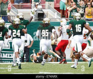 City, Florida, US. 6th Sep, 2014.South Florida Bulls linebacker Auggie Sanchez (43) scores a touchdown after a Maryland Terrapins fumble during the second quarter at Raymond James Stadium in Tampa on Saturday, September 6, 2014. Maryland defeated South Florida 24 to 17. Credit:  Octavio Jones/Tampa Bay Times/ZUMA Wire/Alamy Live News Stock Photo