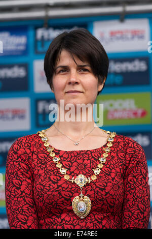 Liverpool, Merseyside, UK 6th September, 2014. Rachel Plant is the Lady Mayoress of Liverpool for the year 2014/15 at the Friends Life Tour of Britain. Team Presentations and introductions on stage at Chavasse Park on Saturday evening as riders prepare for the race proper on Sunday next. The Tour of Britain is the UK's biggest professional cycle race and the country's largest free-to-spectate sporting event. Credit:  Mar Photographics/Alamy Live News Stock Photo