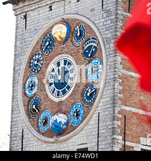 The Jubilee or Centenary clock on the front of the Zimmer Tower in Lier, Belgium - one of the most amazing clocks in the world. Stock Photo