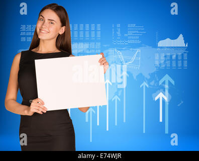Businesswoman with graphs, arrows and world map Stock Photo