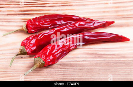 Dried red chili pepper on wooden board Stock Photo