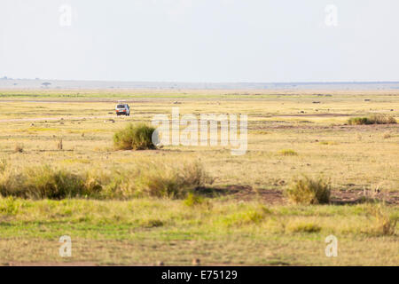 Safari Car in the savanna of Amboseli National Park in Kenya Stock Photo