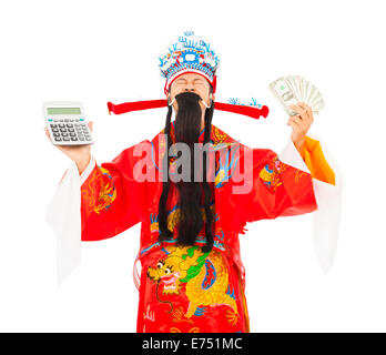 God of wealth holding a compute machine and money Stock Photo
