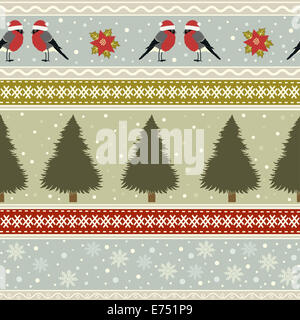 Christmas seamless pattern with birds and tree Stock Photo
