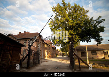 Oswiecim, Poland. 25th Aug, 2014. The writing above the entrance gate to Auschwitz-Birkenau concentration camp reads 'Arbeit macht frei' (work makes 'you' free) in Oswiecim, Poland, 25 August 2014. Photo: Daniel Naupold/dpa/Alamy Live News Stock Photo