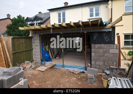Block wall being built for house extension Hay-on-Wye Powys Wales UK Stock Photo