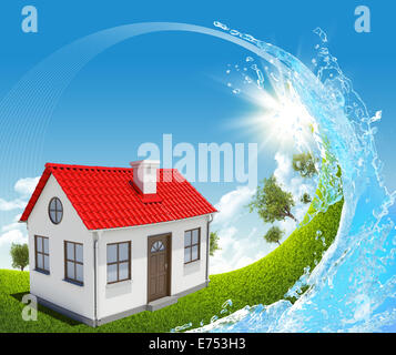 House, green meadow and water splash Stock Photo - Alamy