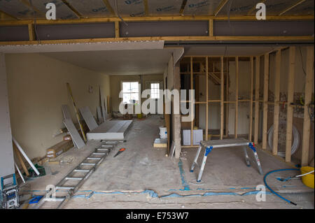 Interior work plaster board timber frame etc for house extension Hay-on-Wye Powys Wales UK Stock Photo