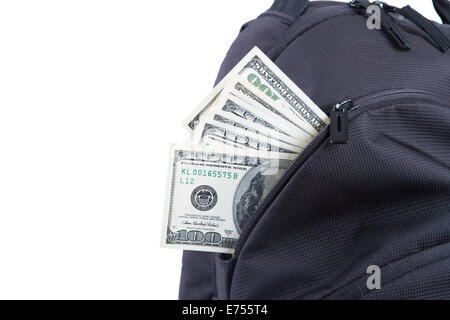 One hundred dollar banknotes in back pack, isolated on white background. Stock Photo