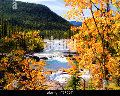 Mountain river view framed by yellow autumn leaves Stock Photo