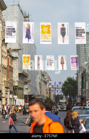 Oxford Street, London, UK. 7th September 2014. Banners have been fitted the length of Oxford Street for London Fashion Week which runs from the 12th to the 16th of September. Credit:  Matthew Chattle/Alamy Live News Stock Photo