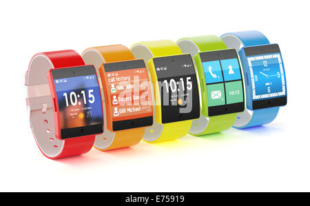 3d render of modern look smart watches with different colors and interfaces, isolated on white background Stock Photo