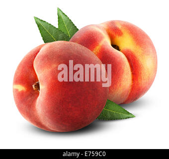 Ripe juicy peaches with leaves on a white background. Clipping Path Stock Photo