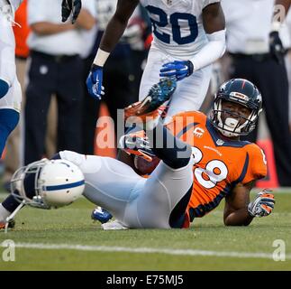 Denver, Colorado, USA. 7th Sep, 2014. Broncos WR DEMARYIUS THOMAS catches a pass for tough yardage during the 1st. half at Sports Authority Field at Mile High Sunday night. The Broncos beat the Colts 31-24. Credit:  Hector Acevedo/ZUMA Wire/Alamy Live News Stock Photo