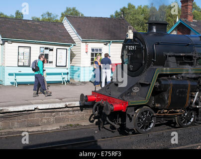 Steam train and visitors to the NYMR, at Grosmont station, North Yorkshire, England, UK Stock Photo