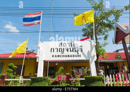 Kanchanaburi railway station, national flag of Thailand, Kanchanaburi, Kanchanaburi Province, Thailand Stock Photo