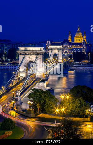 Chain Bridge with St. Stephen's Basilica at the blue hour, Budapest, Hungary Stock Photo