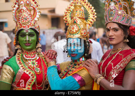 Hindu temple dancers wearing makeup and gold jewelry, Varkala, Kerala, India Stock Photo