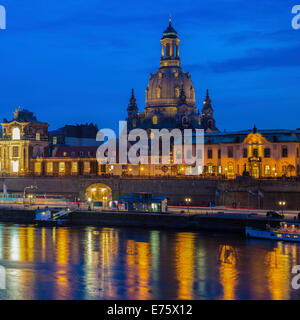 Dresden Frauenkirche during the blue hour, UNESCO World Heritage Site, Elbe river, historic centre, Dresden, Saxony, Germany Stock Photo
