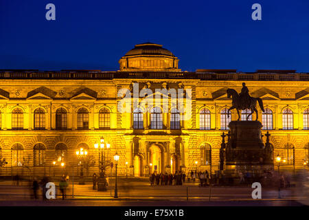 Zwinger Palace and an equestrian statue at night, UNESCO World Heritage Site, Elbe river, historic centre, Dresden, Saxony Stock Photo